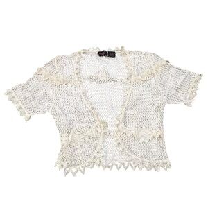 Big Girls Ivory‎ Crochet Cardigan Front Button Rose Ribbon Decor Size XL Dressy